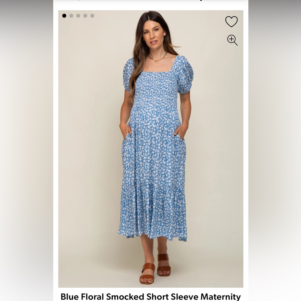 Pink Blush Blue Floral Smocked Short Sleeve Maternity Midi Dress